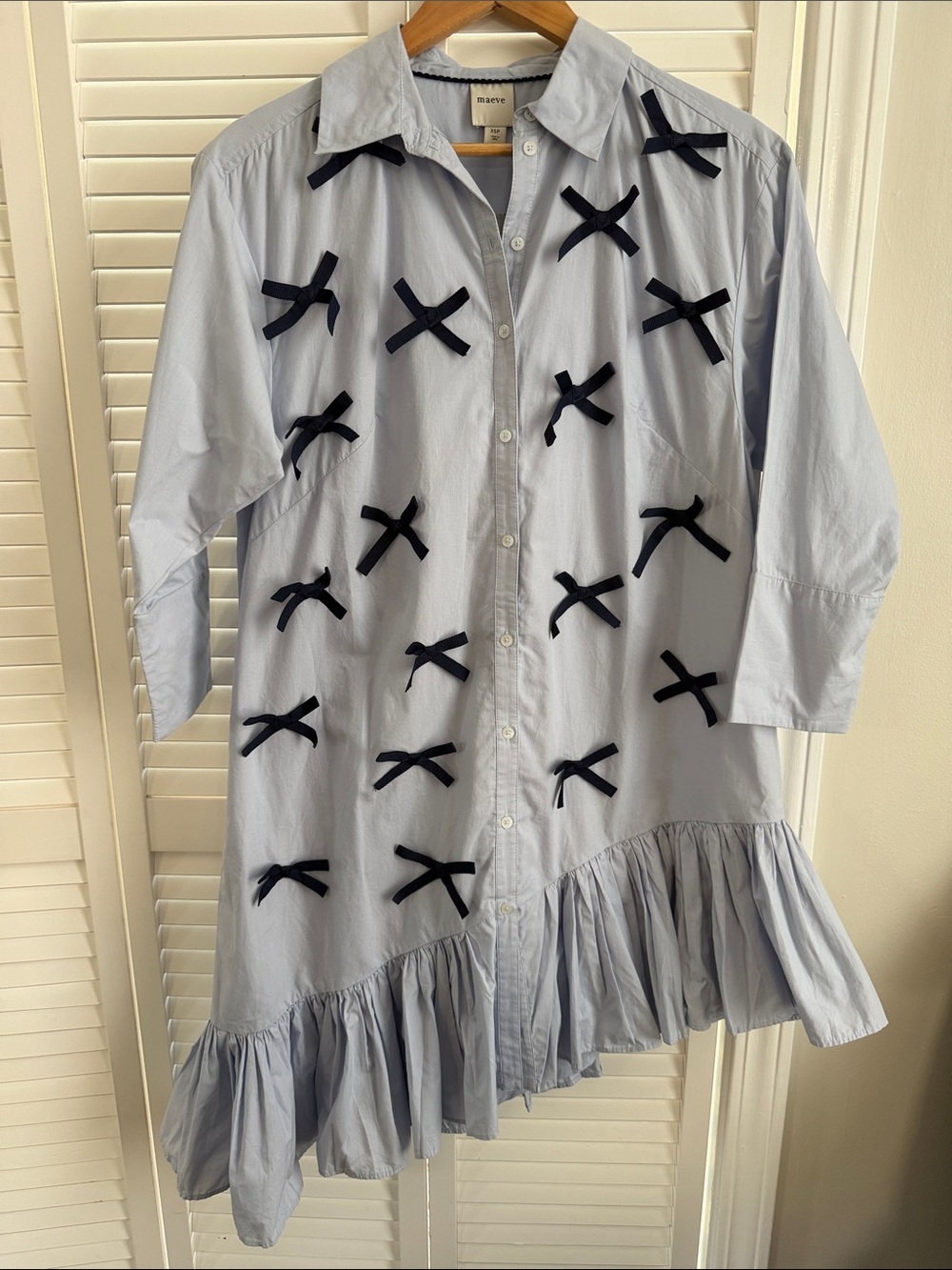 Maeve Light Blue Button-Front Dress with Navy Bow Details